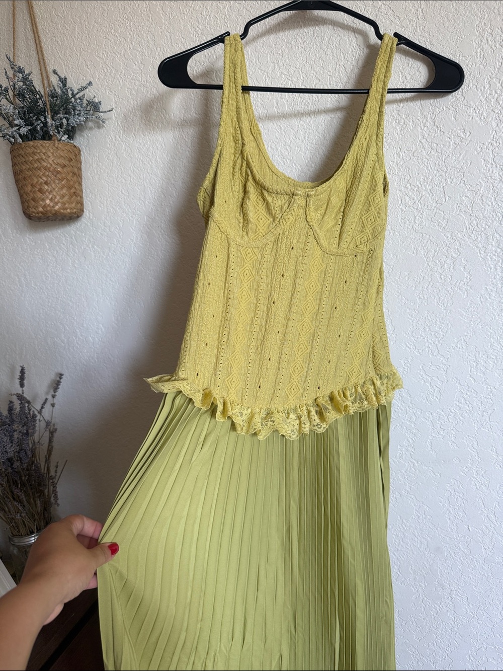 Yellow Lace Bodice Pleated Maxi Dress